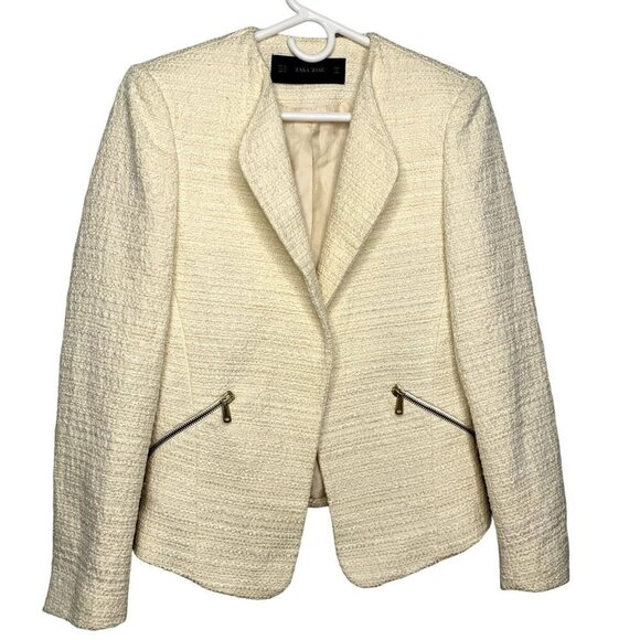 Zara Basic Open Front Long Sleeve Lined Blazer Jacket SZ XS Ivory Pockets - Picture 1 of 11